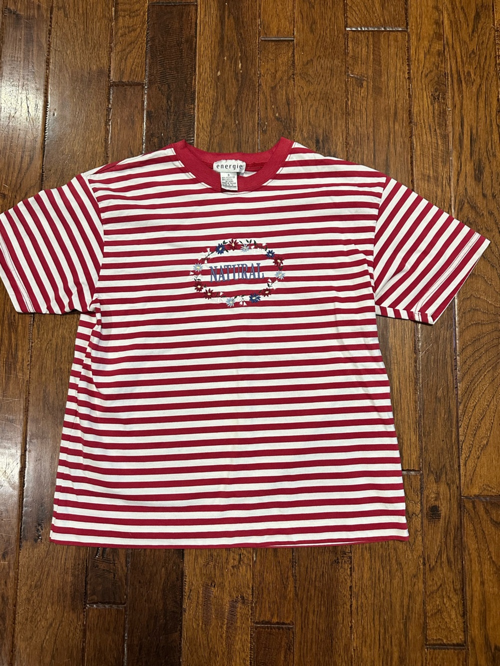 Energie Red & White Striped Short Sleeve Embroidered Tee Small